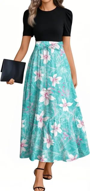 Women's Summer Short Sleeve Maxi Dress 2025 Casual Crewneck Pleated A Line Flowy Long Dresses