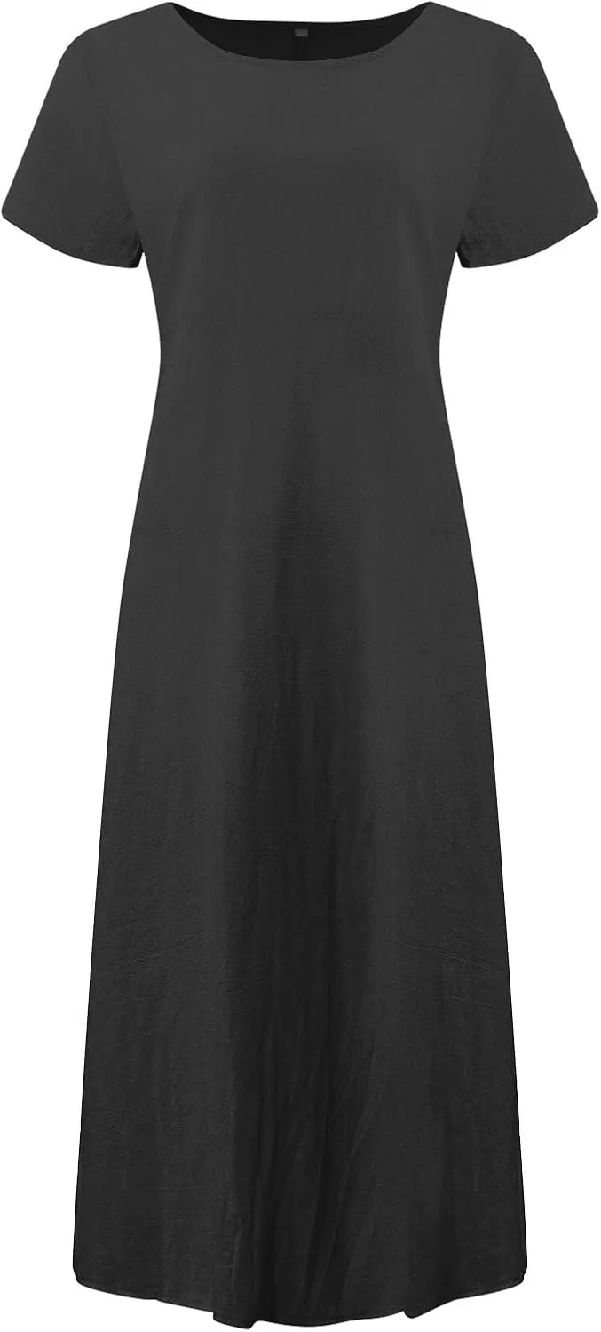 Women's Summer Short Sleeve Maxi Dress 2025 Casual V Neck High Waist A-Line Solid Boho Flowy Loose Long Dresses