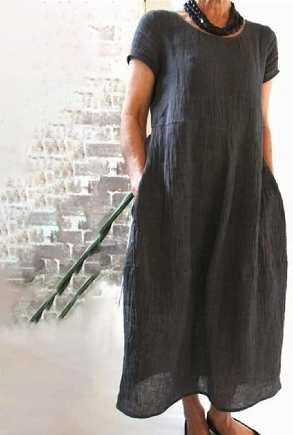Women's Summer Short Sleeve Maxi Dress 2025 Casual V Neck High Waist A-Line Solid Boho Flowy Loose Long Dresses