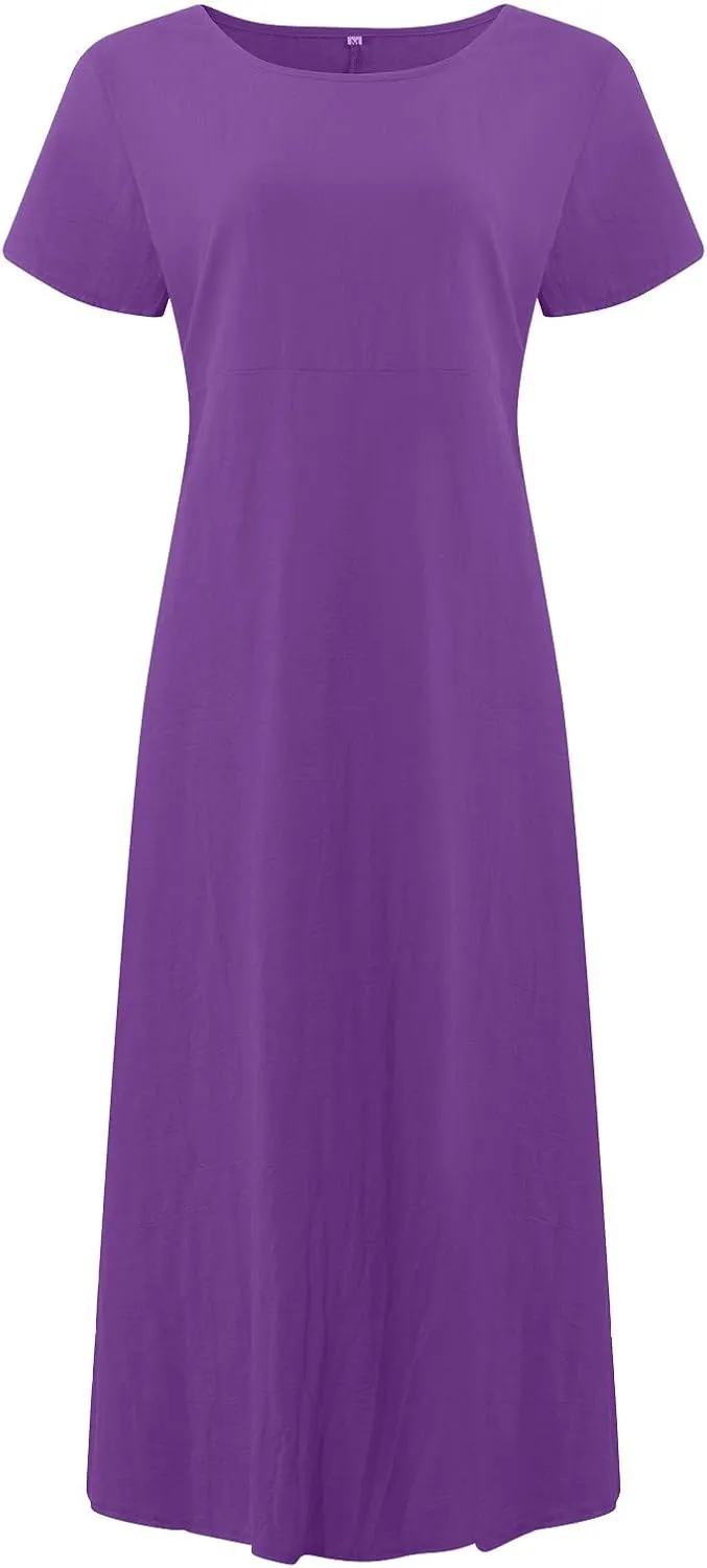 Women's Summer Short Sleeve Maxi Dress 2025 Casual V Neck High Waist A-Line Solid Boho Flowy Loose Long Dresses