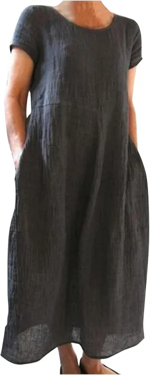 Women's Summer Short Sleeve Maxi Dress 2025 Casual V Neck High Waist A-Line Solid Boho Flowy Loose Long Dresses