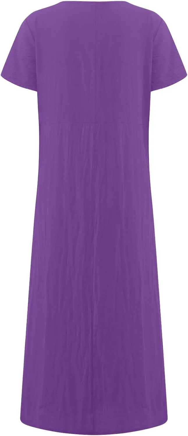 Women's Summer Short Sleeve Maxi Dress 2025 Casual V Neck High Waist A-Line Solid Boho Flowy Loose Long Dresses