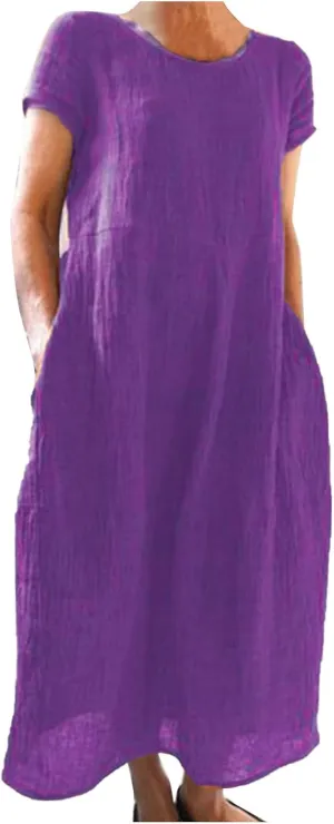 Women's Summer Short Sleeve Maxi Dress 2025 Casual V Neck High Waist A-Line Solid Boho Flowy Loose Long Dresses
