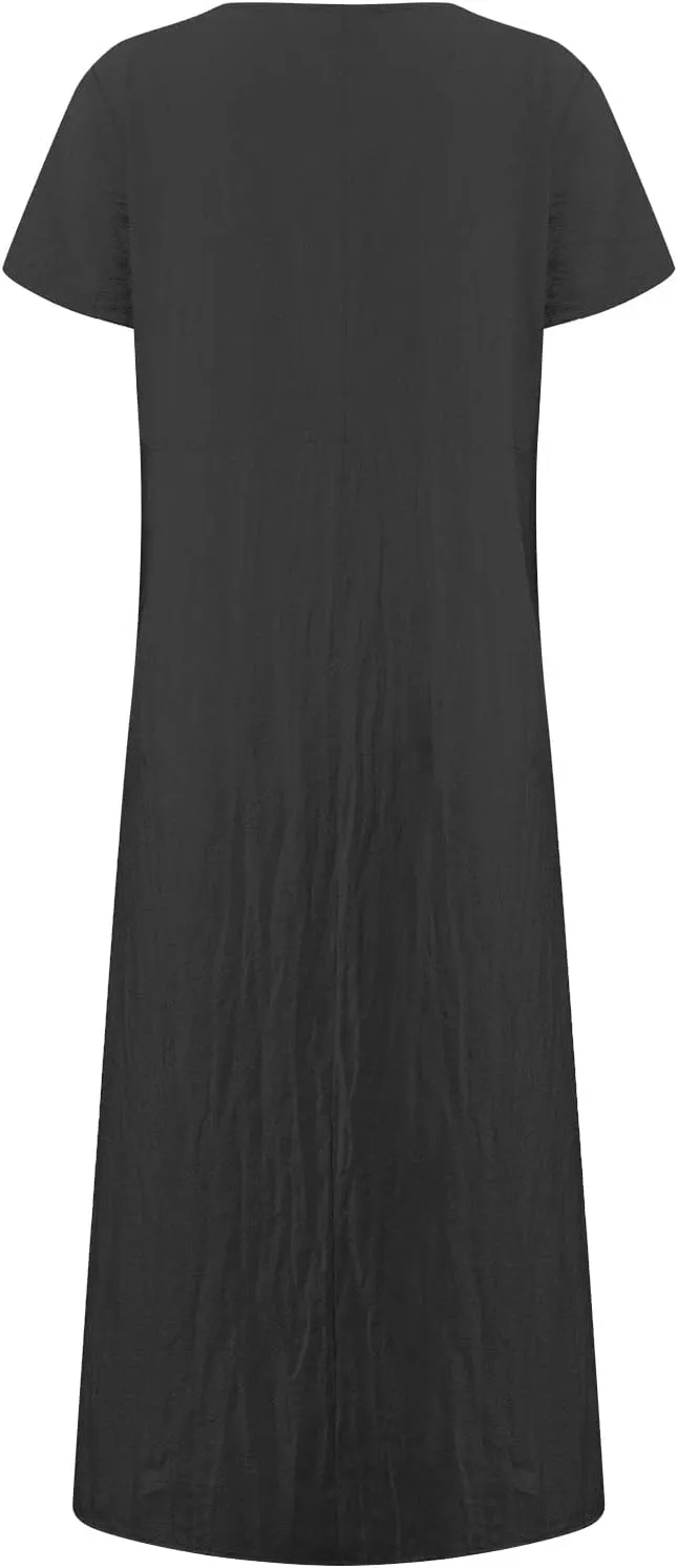 Women's Summer Short Sleeve Maxi Dress 2025 Casual V Neck High Waist A-Line Solid Boho Flowy Loose Long Dresses