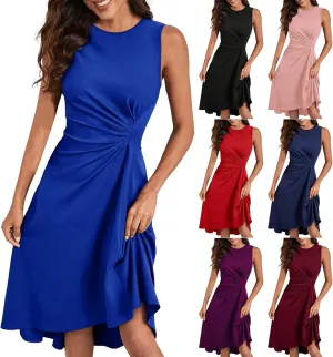 Women's Summer Sleeveless Dresses Ruched Waist Crew Neck A Line High Midi Flowy Dressy Casual Cocktail Party Dress