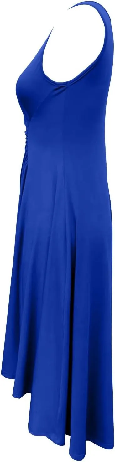 Women's Summer Sleeveless Dresses Ruched Waist Crew Neck A Line High Midi Flowy Dressy Casual Cocktail Party Dress
