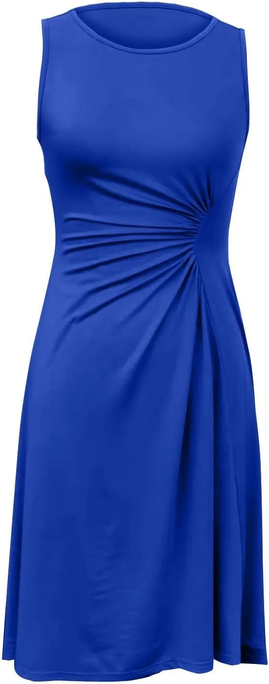 Women's Summer Sleeveless Dresses Ruched Waist Crew Neck A Line High Midi Flowy Dressy Casual Cocktail Party Dress