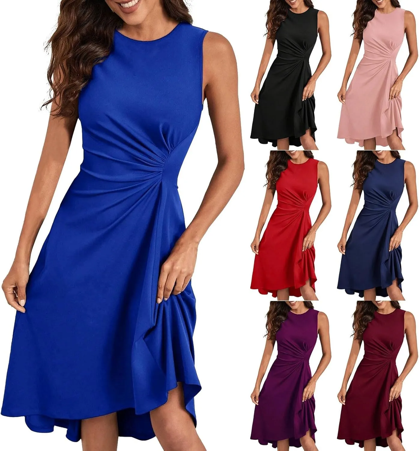Women's Summer Sleeveless Dresses Ruched Waist Crew Neck A Line High Midi Flowy Dressy Casual Cocktail Party Dress