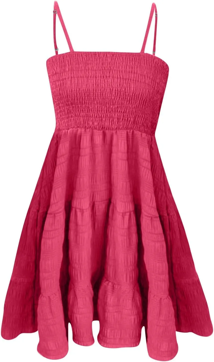 Women's Summer Spaghetti Straps Sleeveless Backless Sundress Flowy Smocked Lace Swing A Line Midi Tank Dress