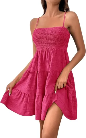 Women's Summer Spaghetti Straps Sleeveless Backless Sundress Flowy Smocked Lace Swing A Line Midi Tank Dress