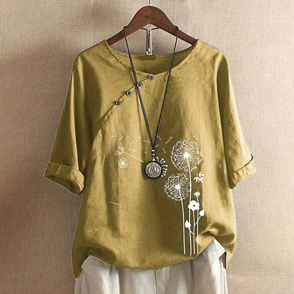 Women's Summer Tops Casual Cotton Linen T Shirts Short Sleeve Round Neck Shirt Oversized Floral Graphic Tees