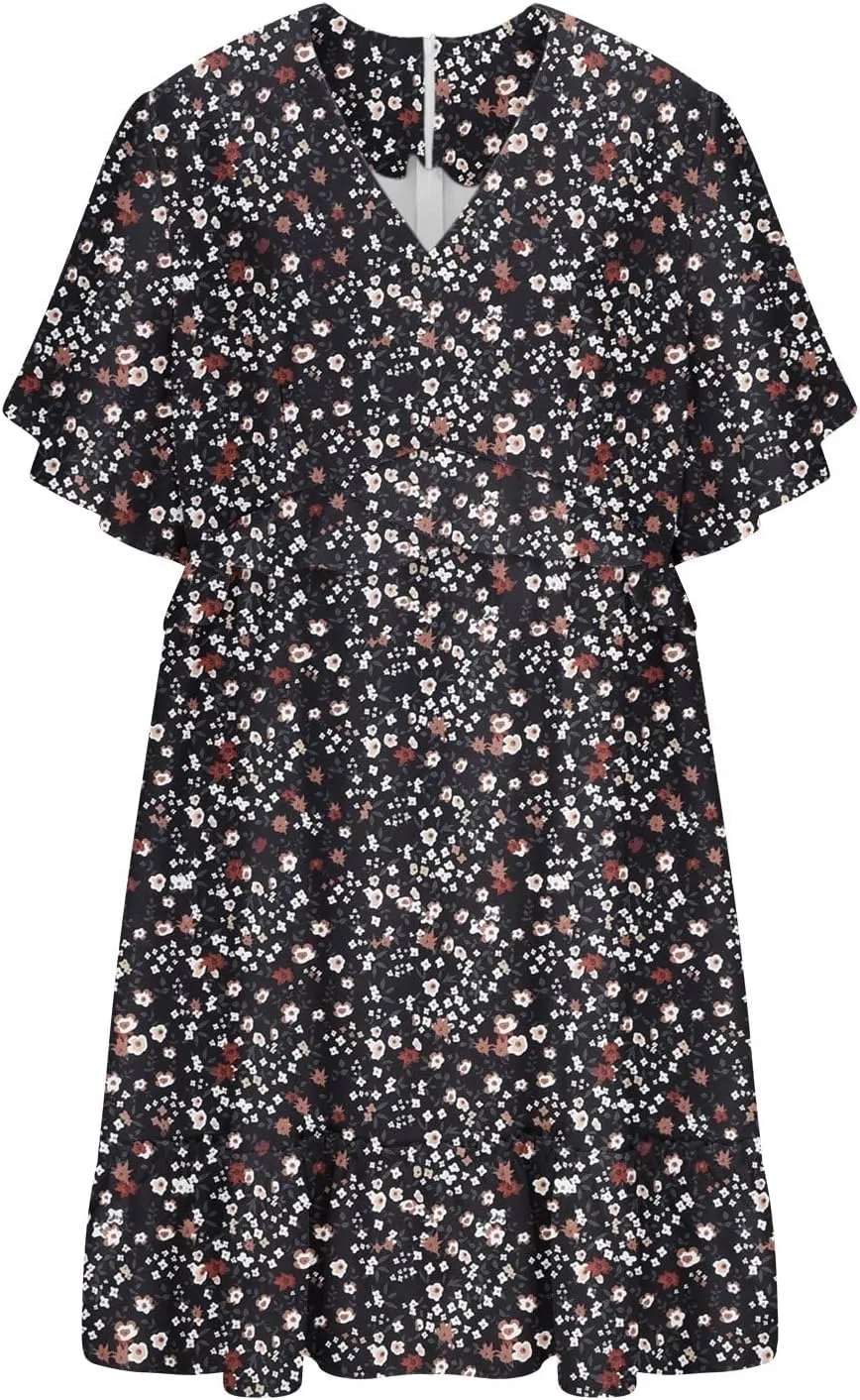 Women's Summer Wrap V Neck Polka Dot Print Ruffle Short Sleeve Mini Floral Dress with Girls Dresses Size 10-12