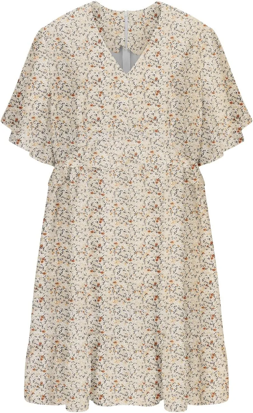 Women's Summer Wrap V Neck Polka Dot Print Ruffle Short Sleeve Mini Floral Dress with Girls Dresses Size 10-12