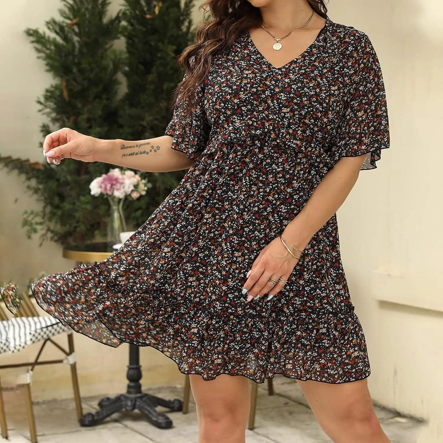 Women's Summer Wrap V Neck Polka Dot Print Ruffle Short Sleeve Mini Floral Dress with Girls Dresses Size 10-12
