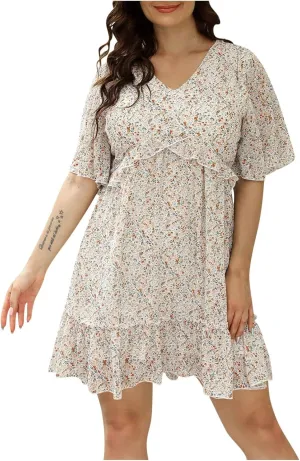 Women's Summer Wrap V Neck Polka Dot Print Ruffle Short Sleeve Mini Floral Dress with Girls Dresses Size 10-12