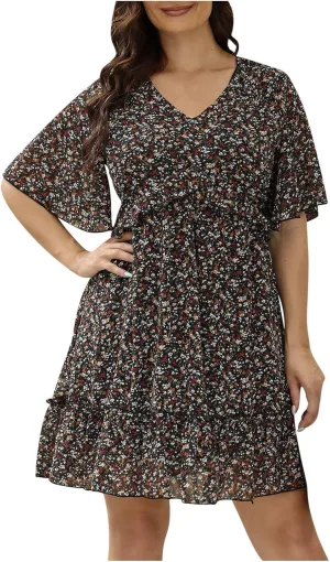Women's Summer Wrap V Neck Polka Dot Print Ruffle Short Sleeve Mini Floral Dress with Girls Dresses Size 10-12