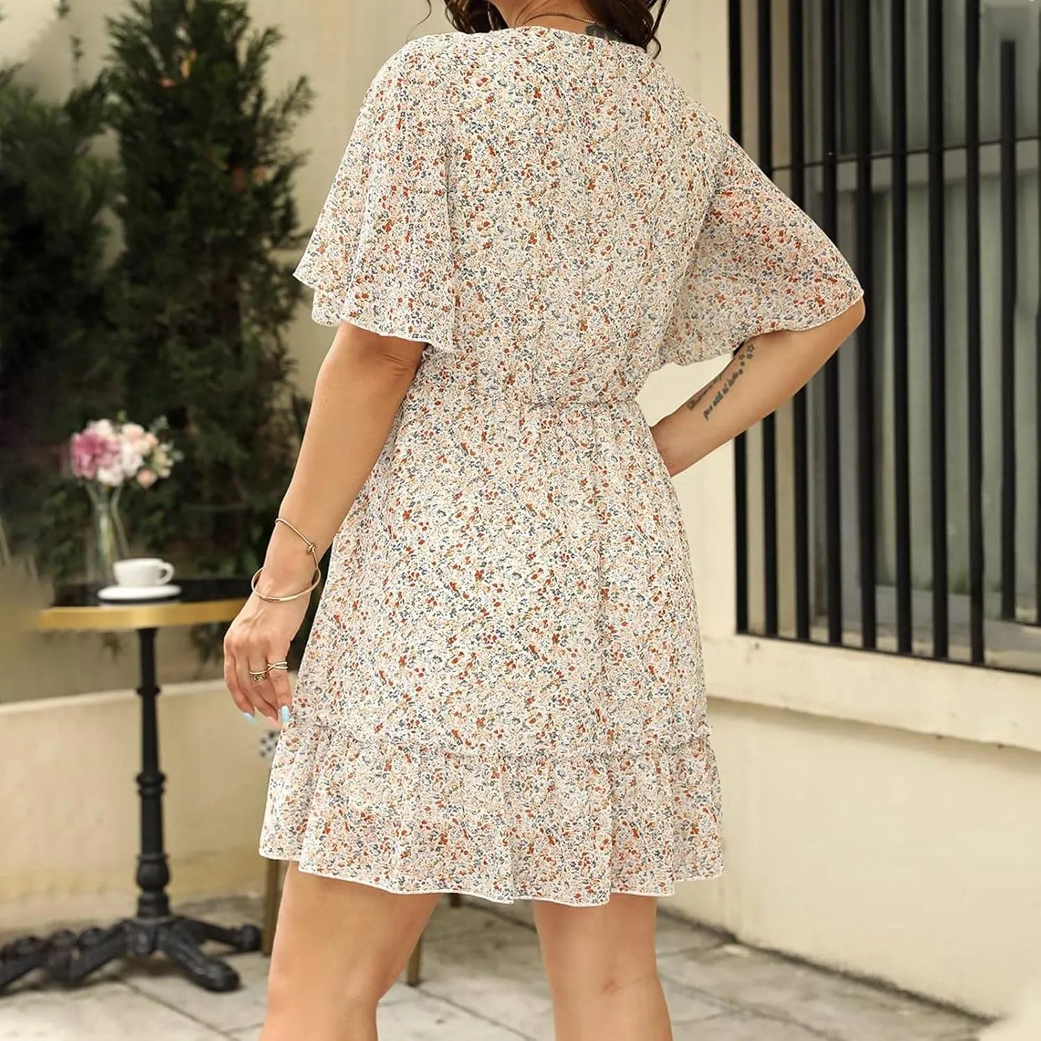 Women's Summer Wrap V Neck Polka Dot Print Ruffle Short Sleeve Mini Floral Dress with Girls Dresses Size 10-12