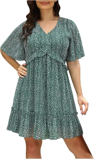 Women's Summer Wrap V Neck Polka Dot Print Ruffle Short Sleeve Mini Floral Dress with Tennis Dresses for Women
