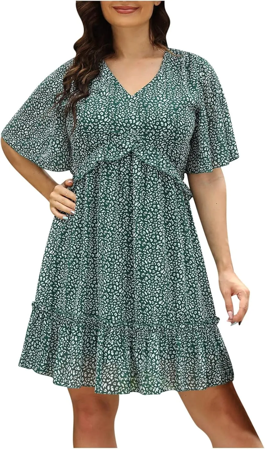 Women's Summer Wrap V Neck Polka Dot Print Ruffle Short Sleeve Mini Floral Dress with Tennis Dresses for Women
