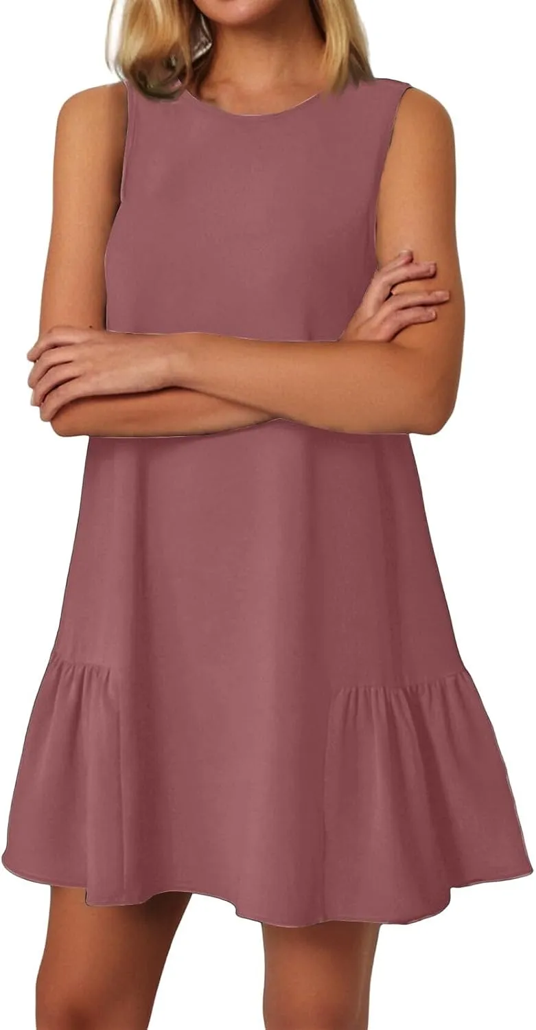 Women's Sundresses 2025 Summer Sleeveless Round Neck Solid Color Ruffle Beach Vacation Mini Dresses, S-2XL