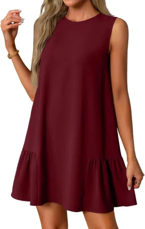 Women's Sundresses 2025 Summer Sleeveless Round Neck Solid Color Ruffle Beach Vacation Mini Dresses, S-2XL