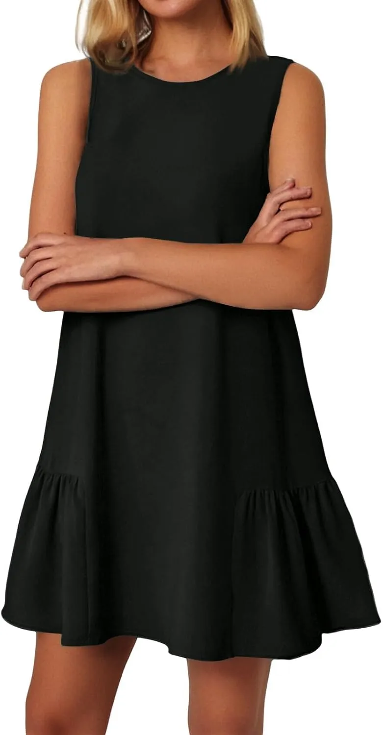 Women's Sundresses 2025 Summer Sleeveless Round Neck Solid Color Ruffle Beach Vacation Mini Dresses, S-2XL