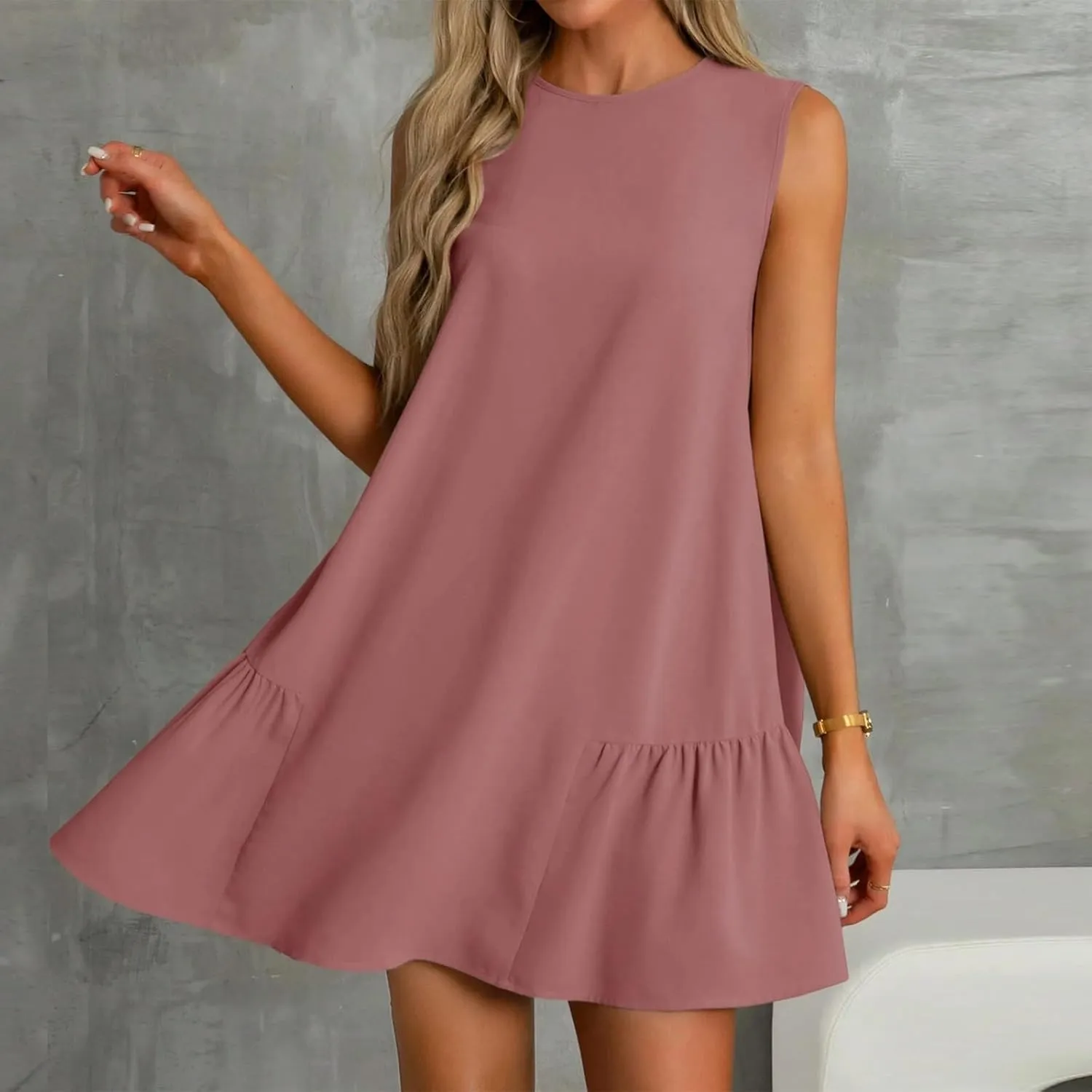 Women's Sundresses 2025 Summer Sleeveless Round Neck Solid Color Ruffle Beach Vacation Mini Dresses, S-2XL