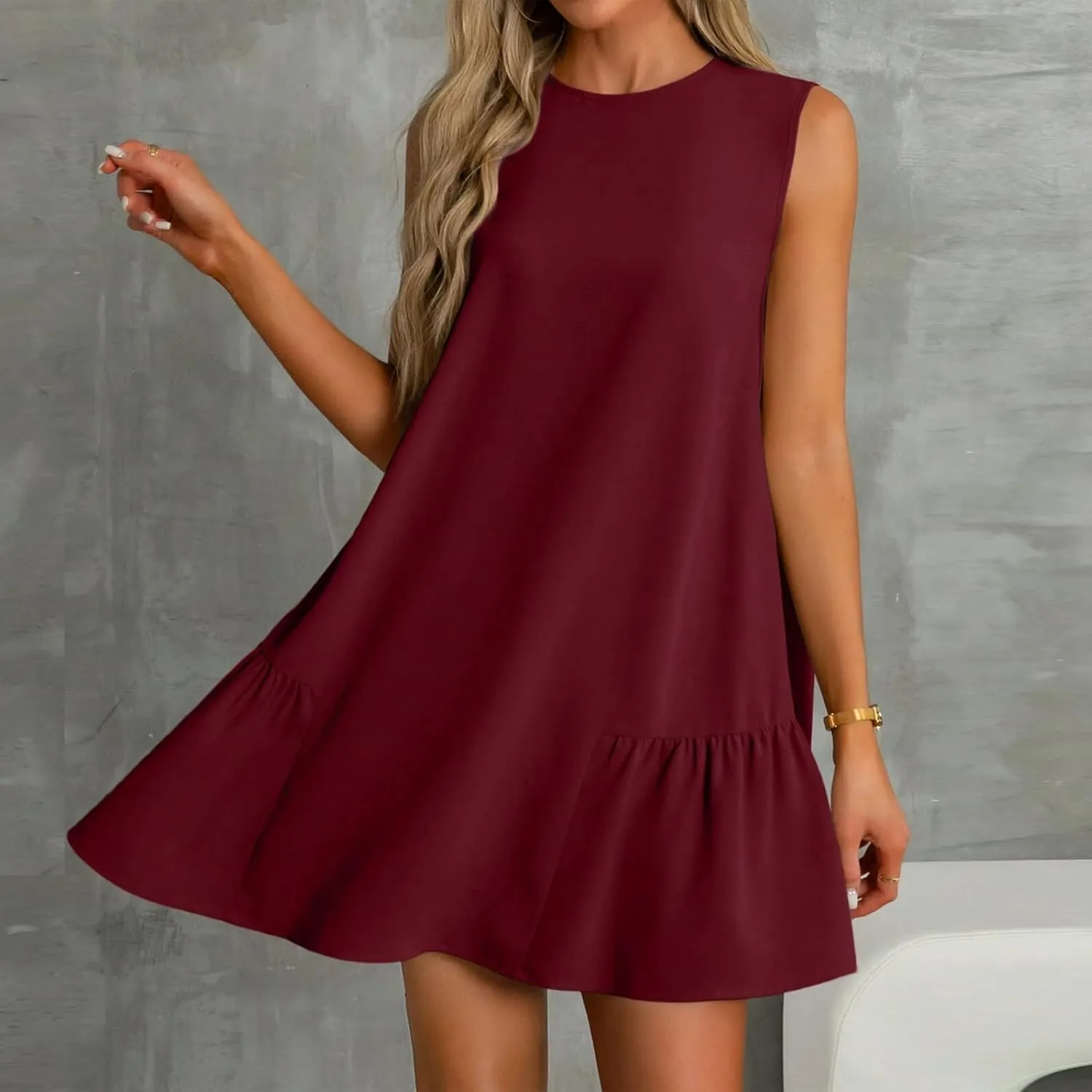 Women's Sundresses 2025 Summer Sleeveless Round Neck Solid Color Ruffle Beach Vacation Mini Dresses, S-2XL