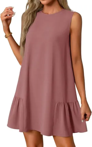 Women's Sundresses 2025 Summer Sleeveless Round Neck Solid Color Ruffle Beach Vacation Mini Dresses, S-2XL