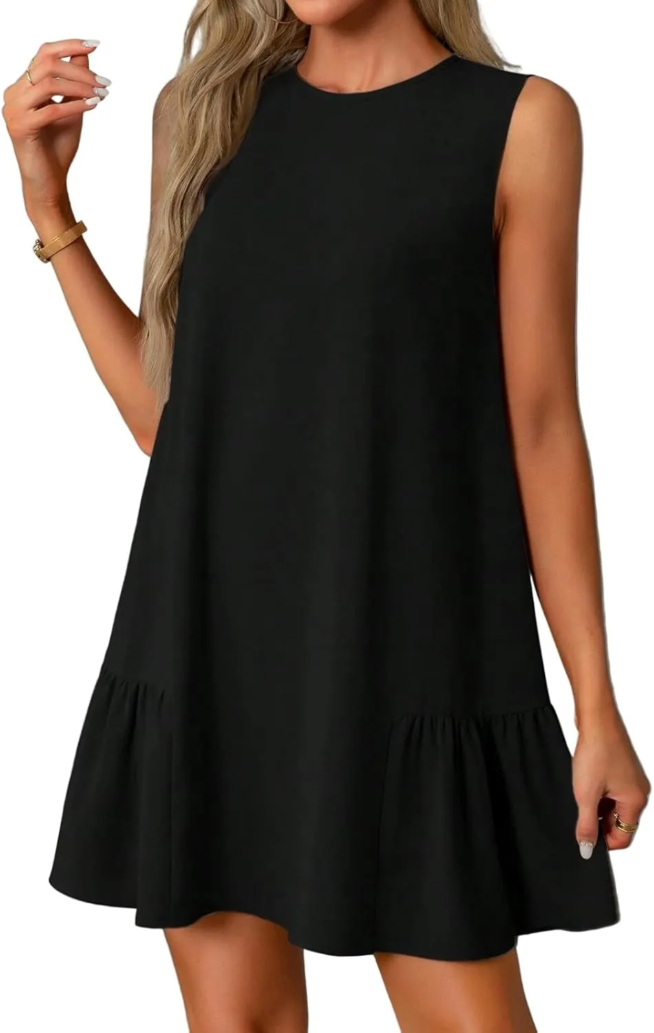 Women's Sundresses 2025 Summer Sleeveless Round Neck Solid Color Ruffle Beach Vacation Mini Dresses, S-2XL