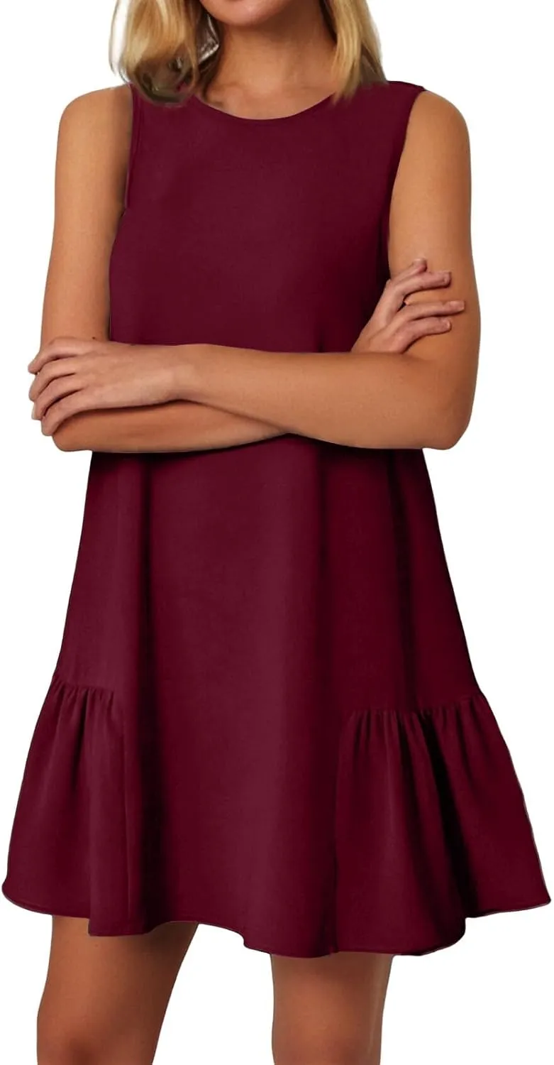 Women's Sundresses 2025 Summer Sleeveless Round Neck Solid Color Ruffle Beach Vacation Mini Dresses, S-2XL