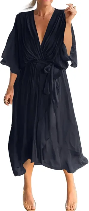 Women's Sundresses 2025 Vacation Seven Sleeve Split Loose Light Irregular Plus Size Midi Dress Casual, S-5XL