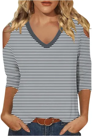 Womens Tops 3/4 Length Sleeves V Neck Cold Shoulder Shirts Trendy Striped Summer Blouse Ladies Workout Going Out Tees