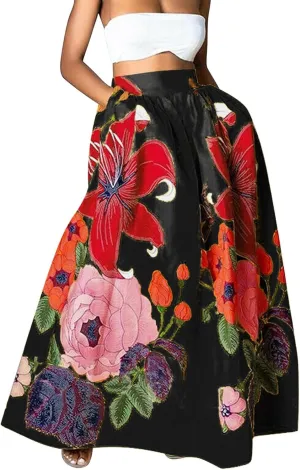 Women's Trendy Boho Maxi Skirt Floral Printed Summer High Waisted Mopping Floor Length Flowy Long Skirts with Pockets