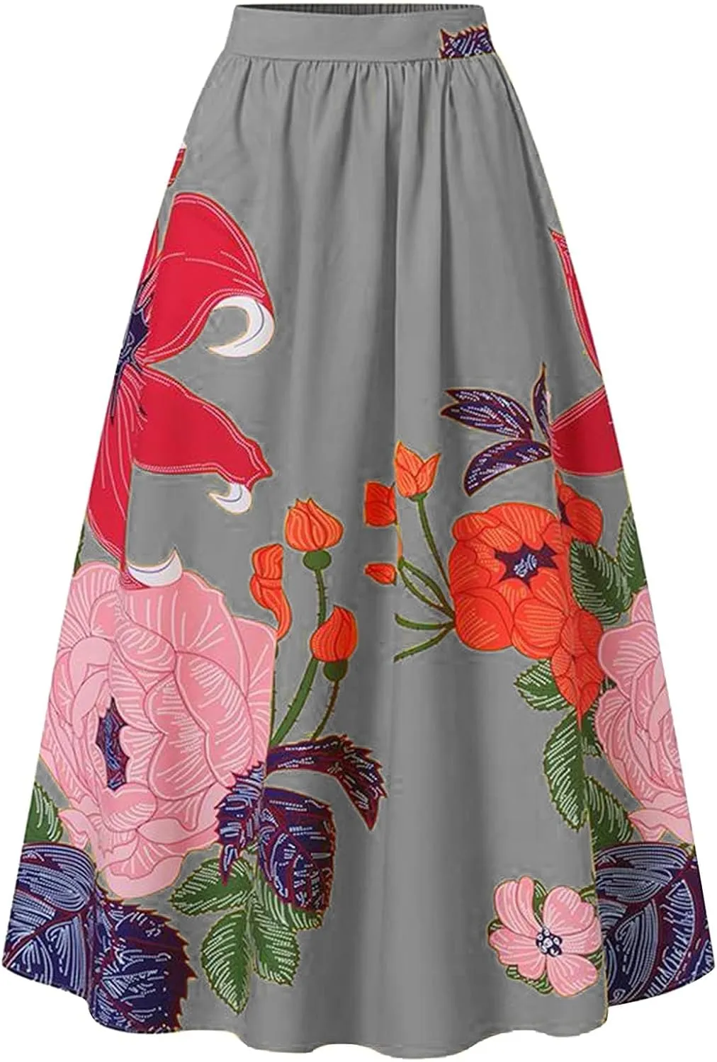 Women's Trendy Boho Maxi Skirt Floral Printed Summer High Waisted Mopping Floor Length Flowy Long Skirts with Pockets