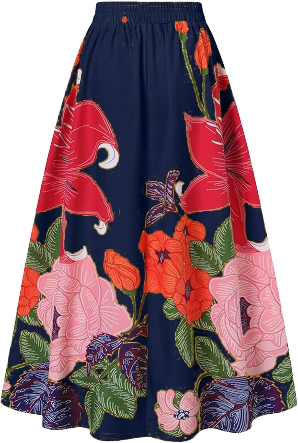 Women's Trendy Boho Maxi Skirt Floral Printed Summer High Waisted Mopping Floor Length Flowy Long Skirts with Pockets