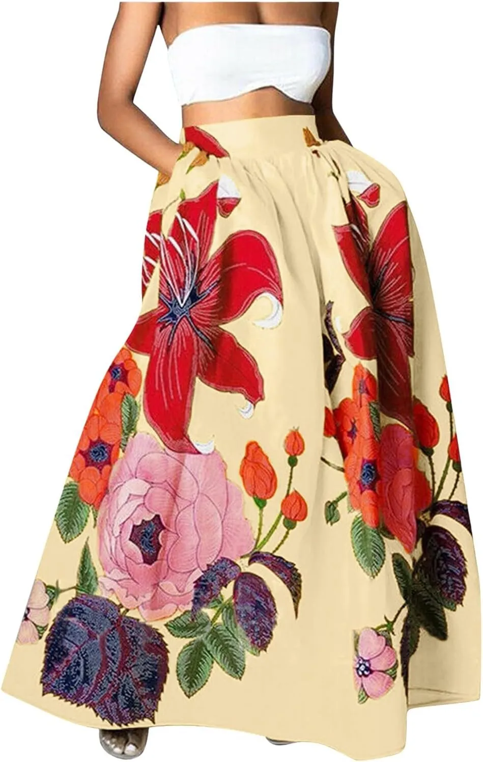 Women's Trendy Boho Maxi Skirt Floral Printed Summer High Waisted Mopping Floor Length Flowy Long Skirts with Pockets