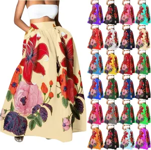 Women's Trendy Boho Maxi Skirt Floral Printed Summer High Waisted Mopping Floor Length Flowy Long Skirts with Pockets