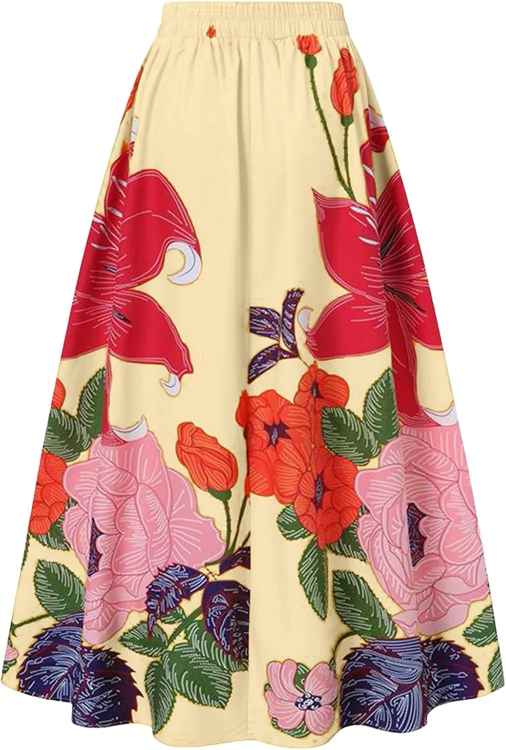 Women's Trendy Boho Maxi Skirt Floral Printed Summer High Waisted Mopping Floor Length Flowy Long Skirts with Pockets