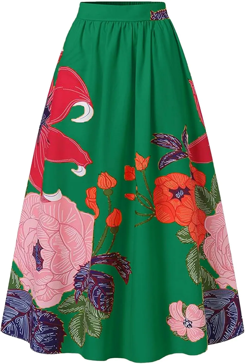 Women's Trendy Boho Maxi Skirt Floral Printed Summer High Waisted Mopping Floor Length Flowy Long Skirts with Pockets