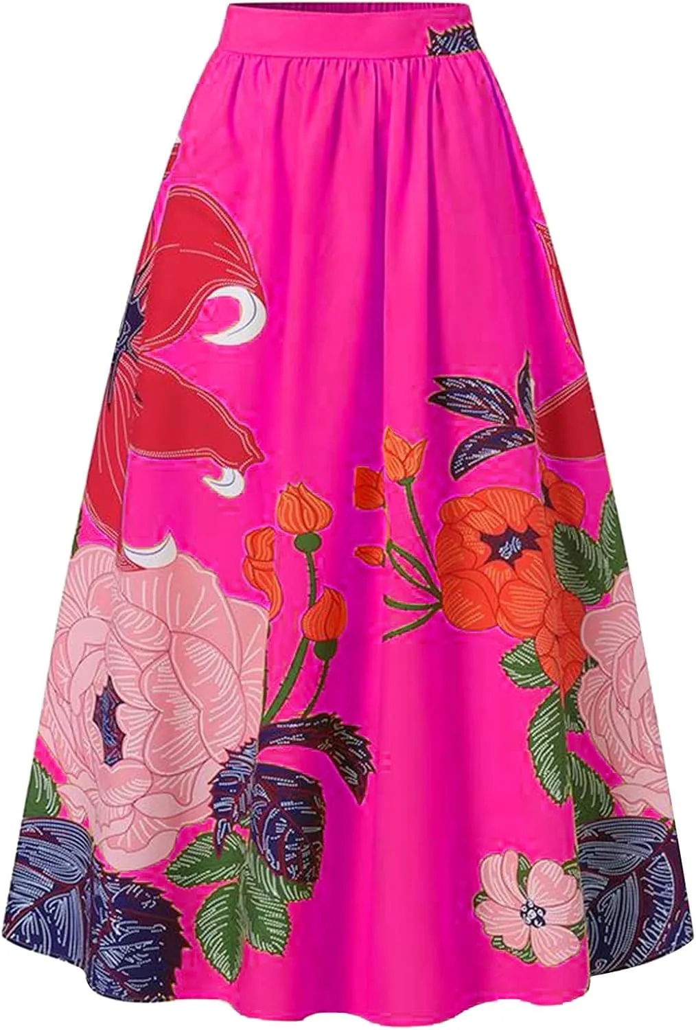 Women's Trendy Boho Maxi Skirt Floral Printed Summer High Waisted Mopping Floor Length Flowy Long Skirts with Pockets