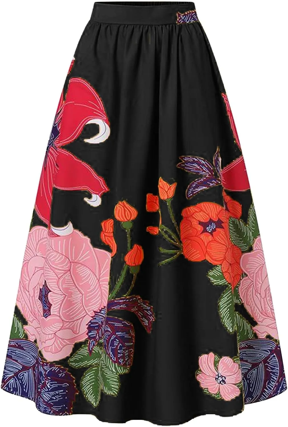 Women's Trendy Boho Maxi Skirt Floral Printed Summer High Waisted Mopping Floor Length Flowy Long Skirts with Pockets