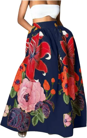Women's Trendy Boho Maxi Skirt Floral Printed Summer High Waisted Mopping Floor Length Flowy Long Skirts with Pockets