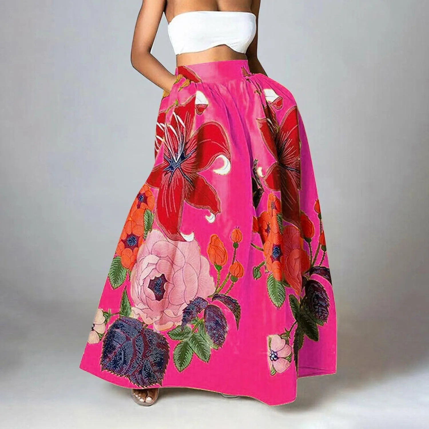 Women's Trendy Boho Maxi Skirt Floral Printed Summer High Waisted Mopping Floor Length Flowy Long Skirts with Pockets