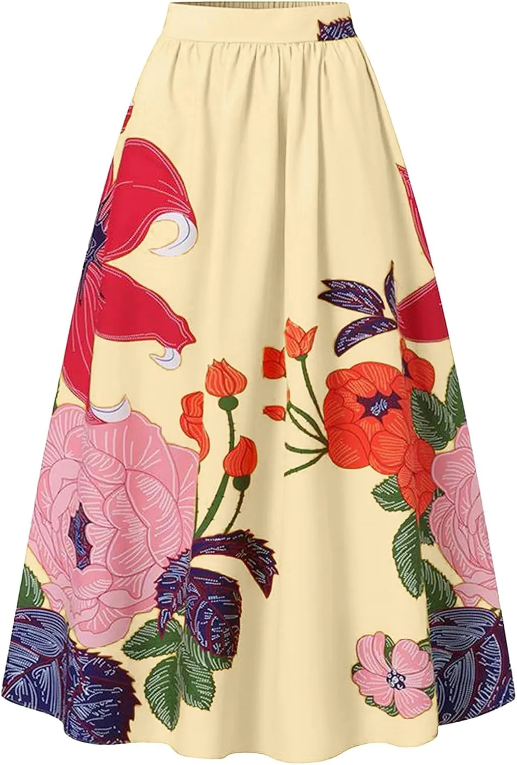 Women's Trendy Boho Maxi Skirt Floral Printed Summer High Waisted Mopping Floor Length Flowy Long Skirts with Pockets