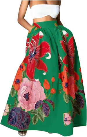 Women's Trendy Boho Maxi Skirt Floral Printed Summer High Waisted Mopping Floor Length Flowy Long Skirts with Pockets