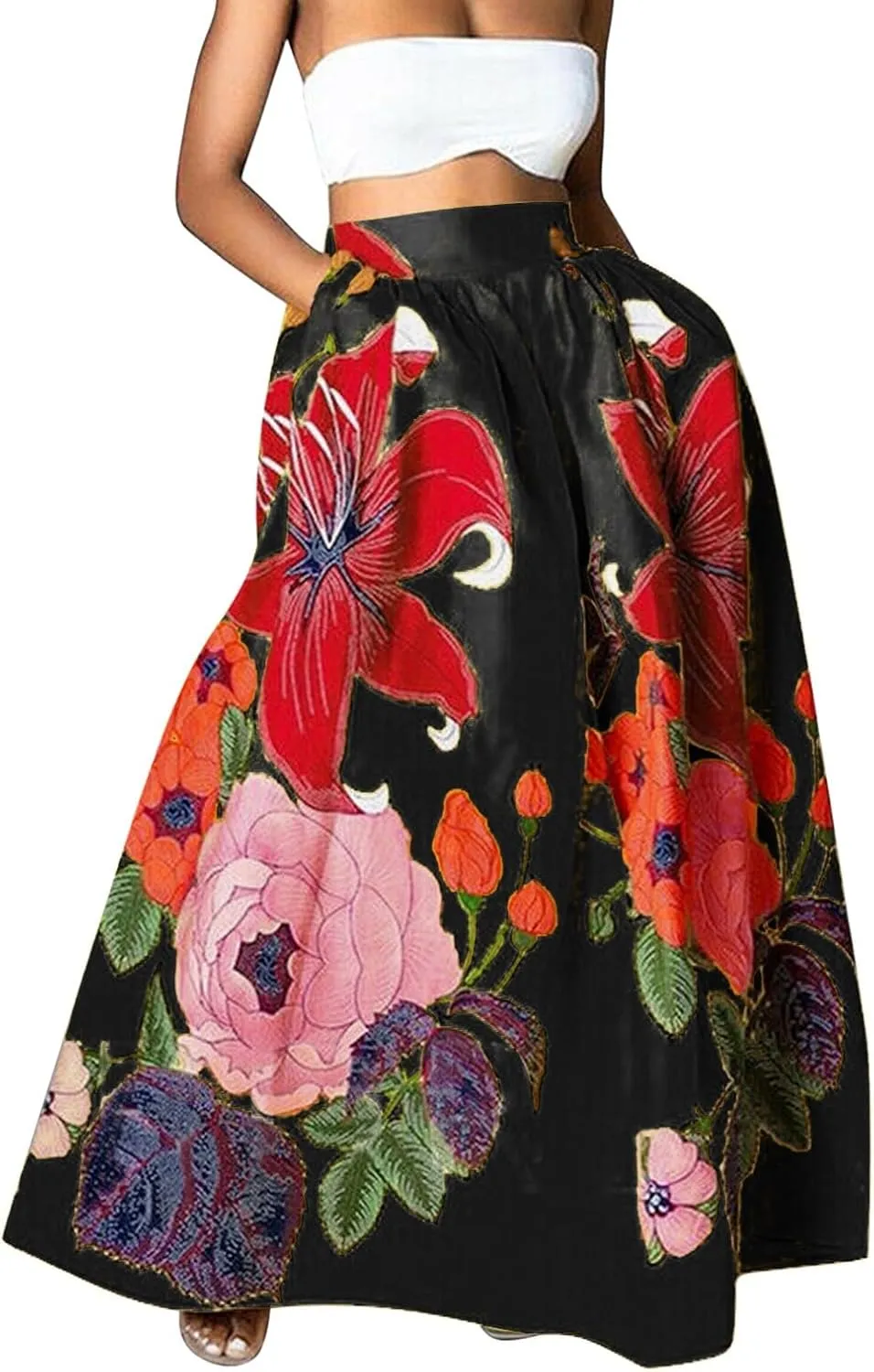 Women's Trendy Boho Maxi Skirt Floral Printed Summer High Waisted Mopping Floor Length Flowy Long Skirts with Pockets