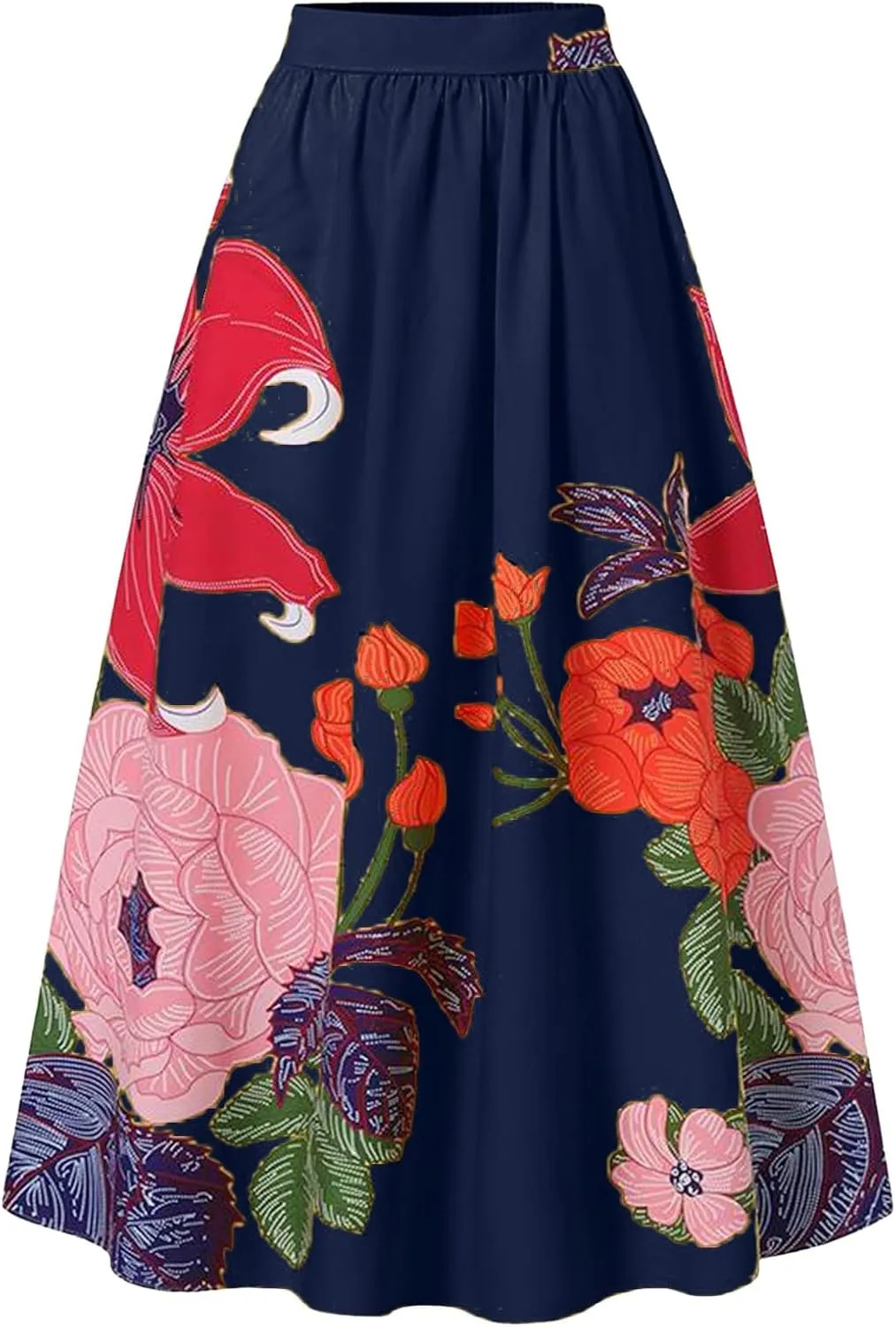 Women's Trendy Boho Maxi Skirt Floral Printed Summer High Waisted Mopping Floor Length Flowy Long Skirts with Pockets