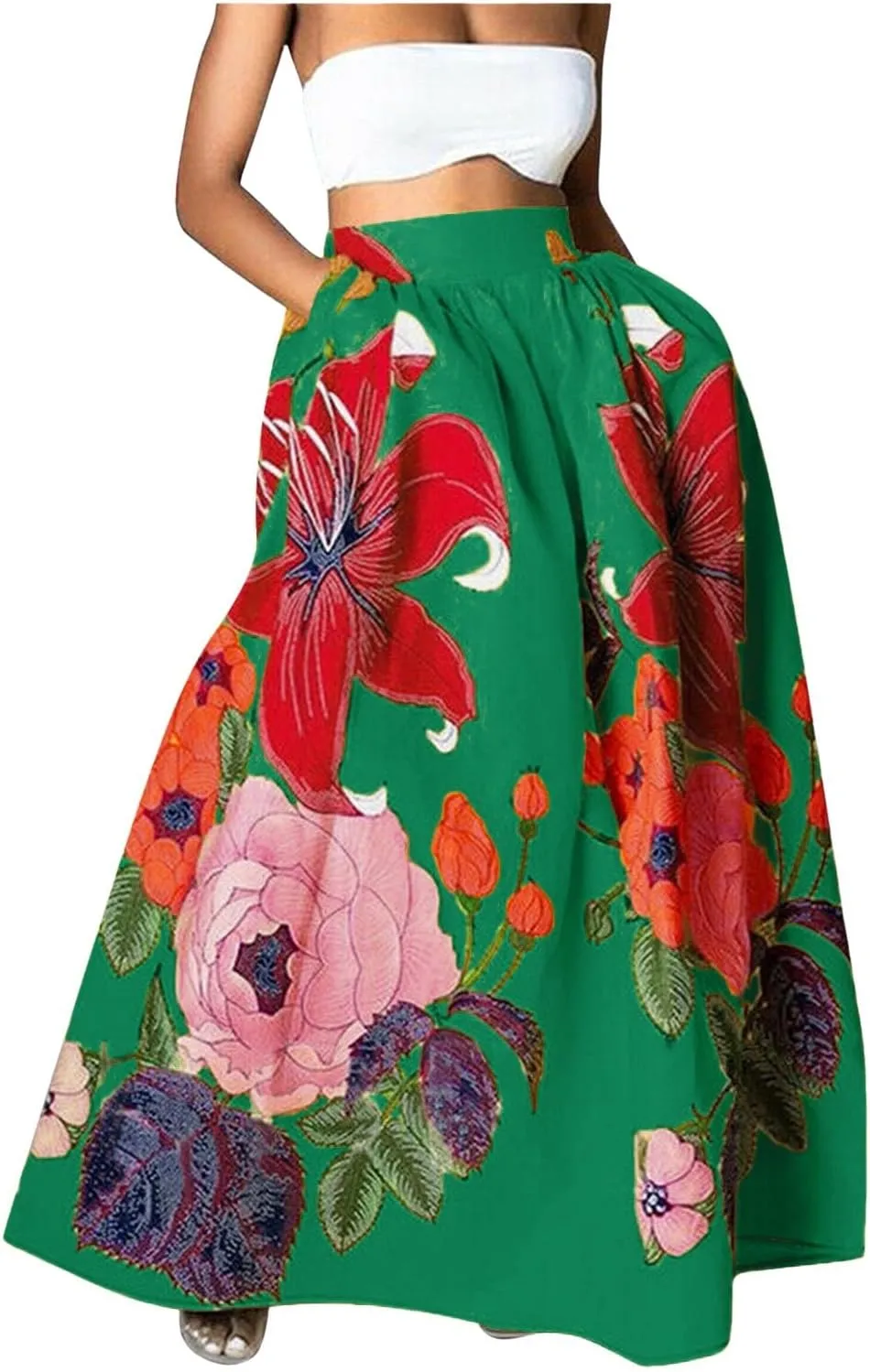 Women's Trendy Boho Maxi Skirt Floral Printed Summer High Waisted Mopping Floor Length Flowy Long Skirts with Pockets