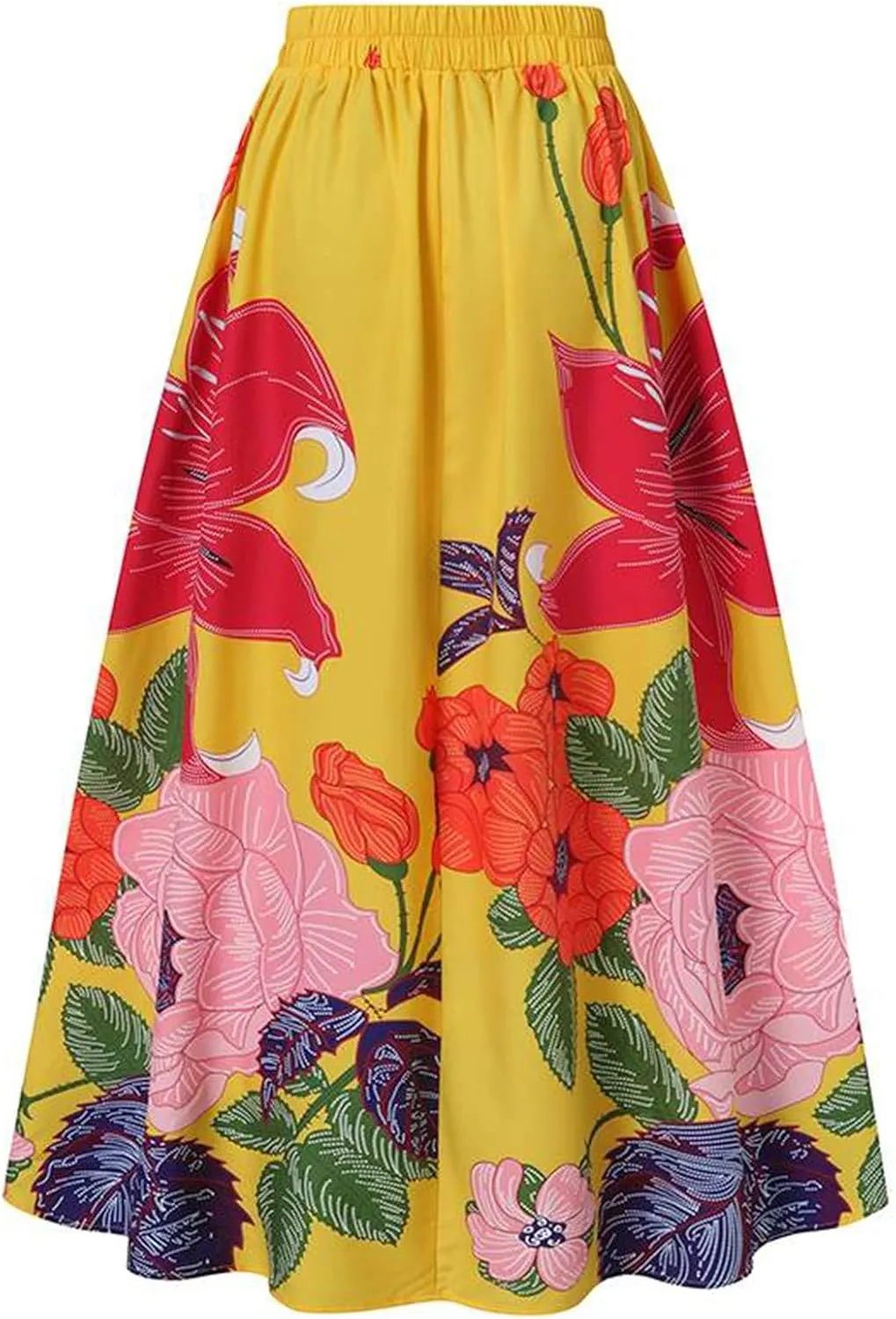 Women's Trendy Boho Maxi Skirt Floral Printed Summer High Waisted Mopping Floor Length Flowy Long Skirts with Pockets